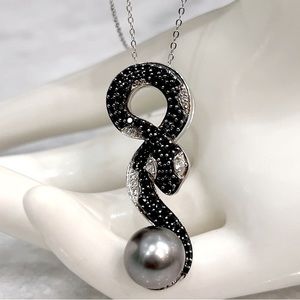 Tahitian Cultured Pearl Multigemstone Sterling Silver Snake Pendant Necklace